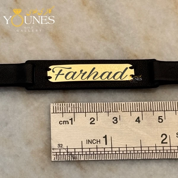 دستبند چرم مردانه طلا حکاکی اسم Farhad فرهاد